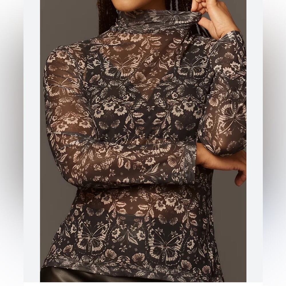 Anthropologie Black and Tan Long Sleeve Mesh Turtleneck Top Size XS